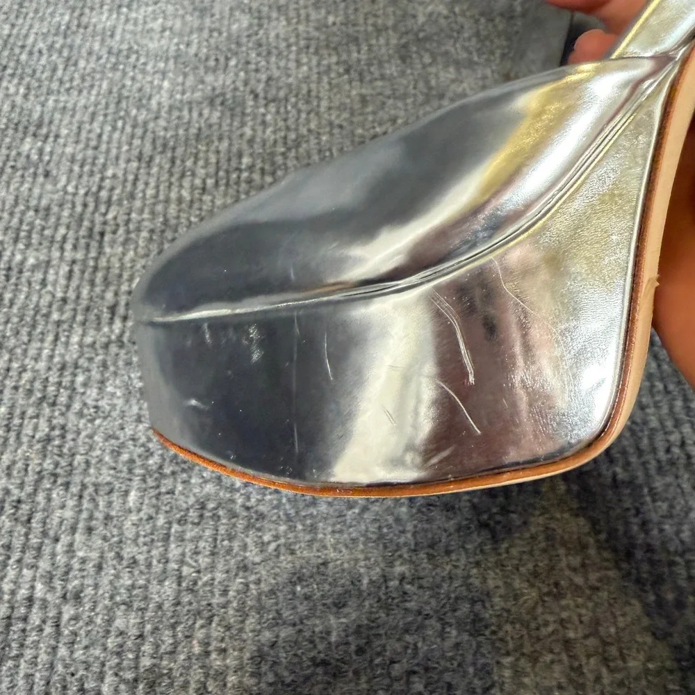 Larroude Ari Platform Pumps Womens 10 Silver Block Heels Strap Retro Handmade